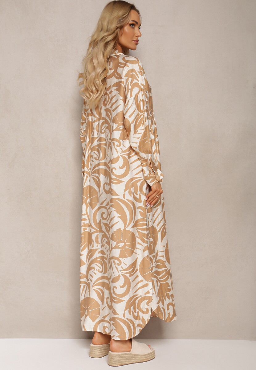 Beżowa Rozkloszowana Sukienka w Kroju Szmizjerki z Zapięciem na Guziki i Falbanką Kelloena