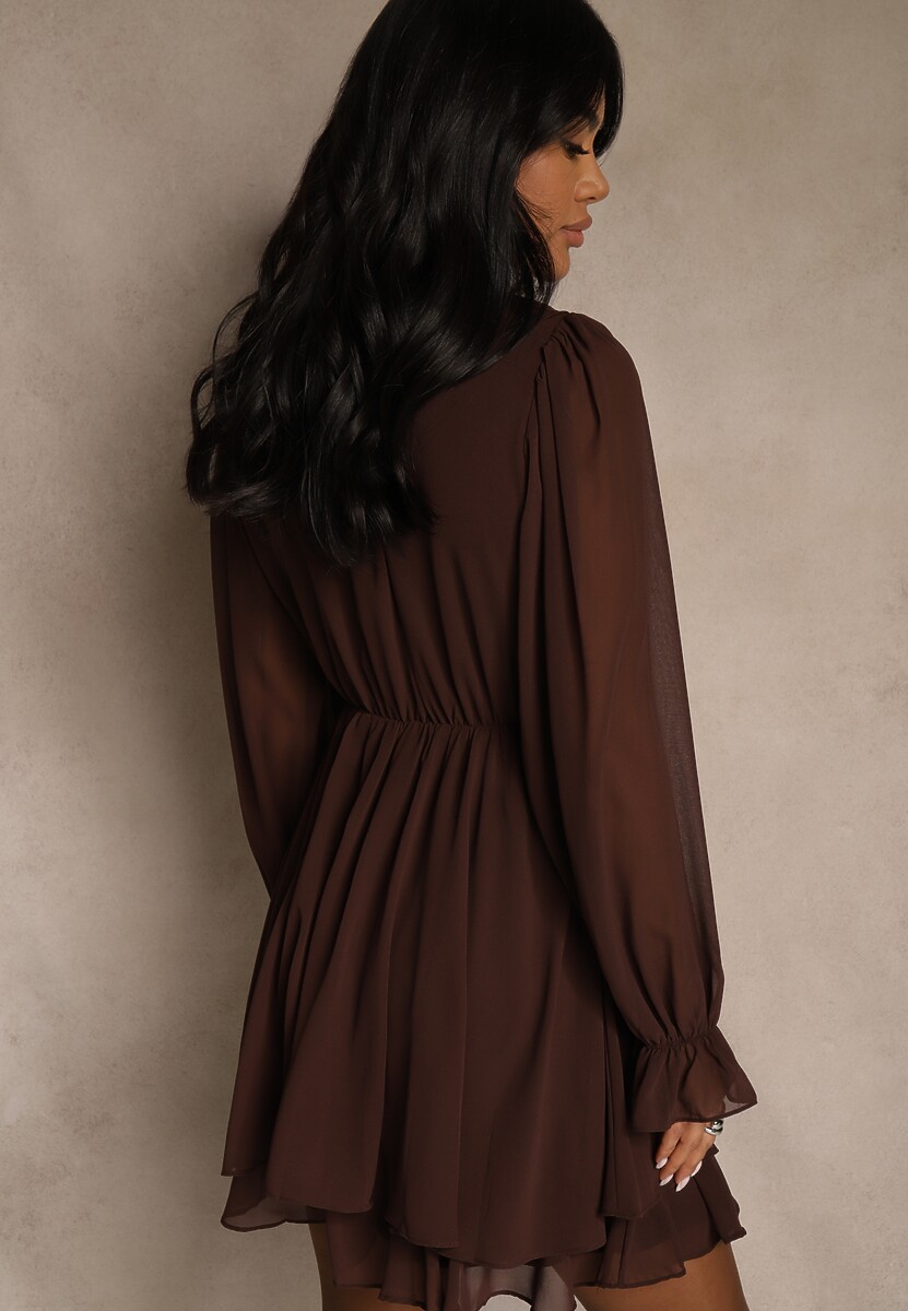 Ciemnobrązowa Siateczkowa Sukienka o Rozkloszowanym Fasonie z Falbankami Zenniria