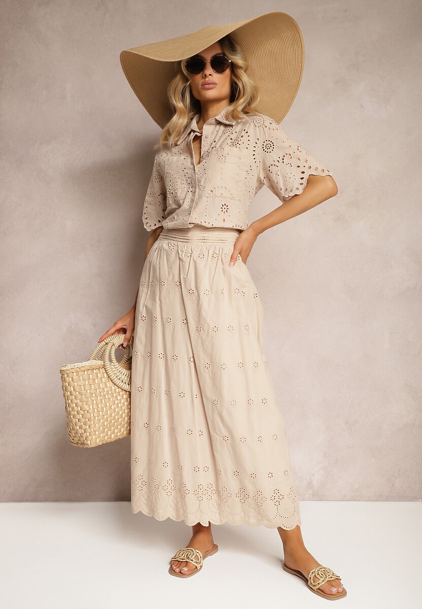 Jasnobeżowa Bawełniana Koszula z Haftowanej Tkaniny Zapinana na Guziki z Kieszeniami Tesanora