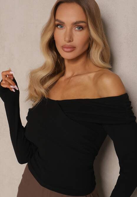 Czarna Bluzka z Wiskozą z Hiszpańskim Dekoltem Amodara