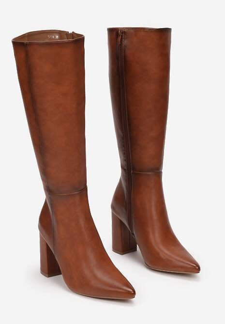 Brązowe Kozaki na Obcasie ze Szpiczastym Noskiem Geldona