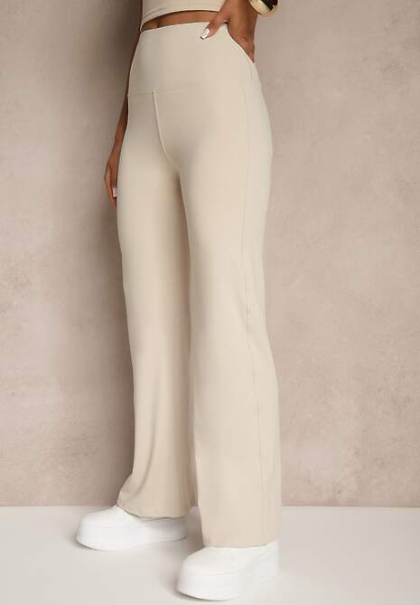 Beżowe Legginsy High Waist z Szeroką Gumką w Pasie Idalania
