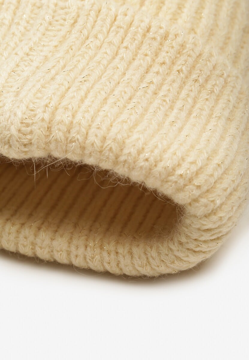 Beżowa Czapka Beanie z Wiskozą z Prążkowanego Materiału Ozdobiona Metaliczną Nicią Temitana