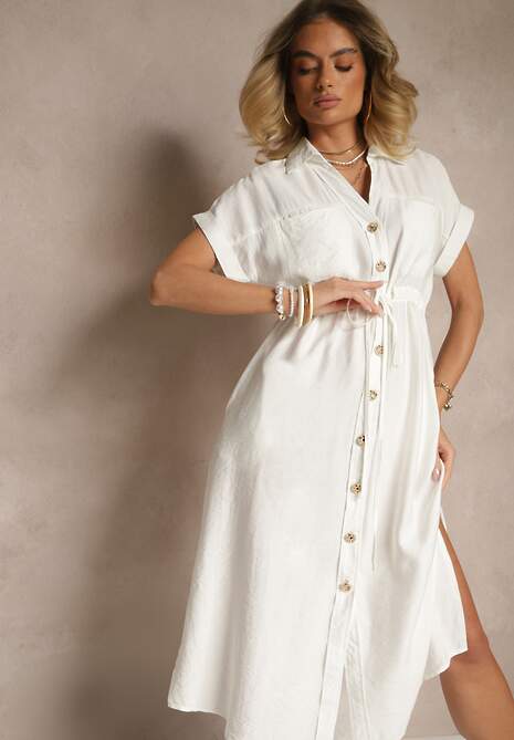 Biała Wiskozowa Sukienka Koszulowa z Guzikami i Wiązaniem w Talii Velazia