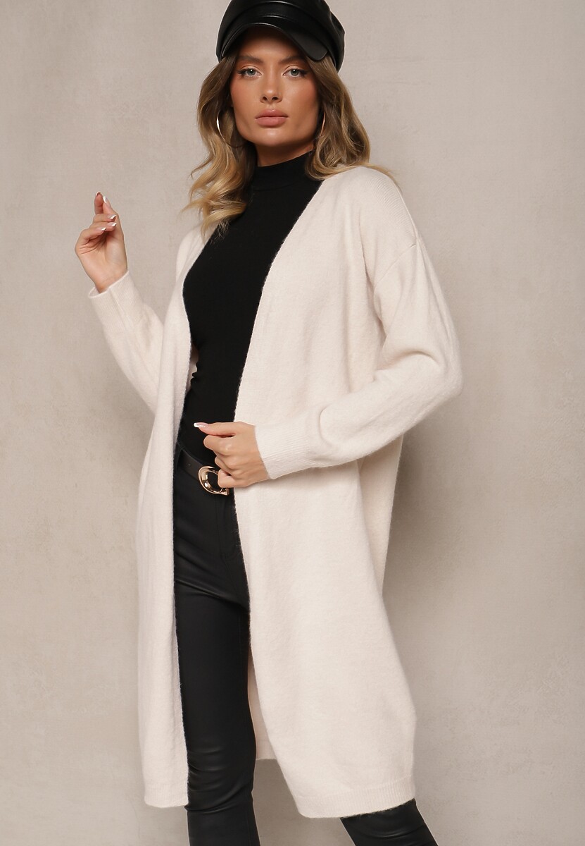 Biały Niezapinany Casualowy Kardigan z Wełną o Długim Kroju Zozita