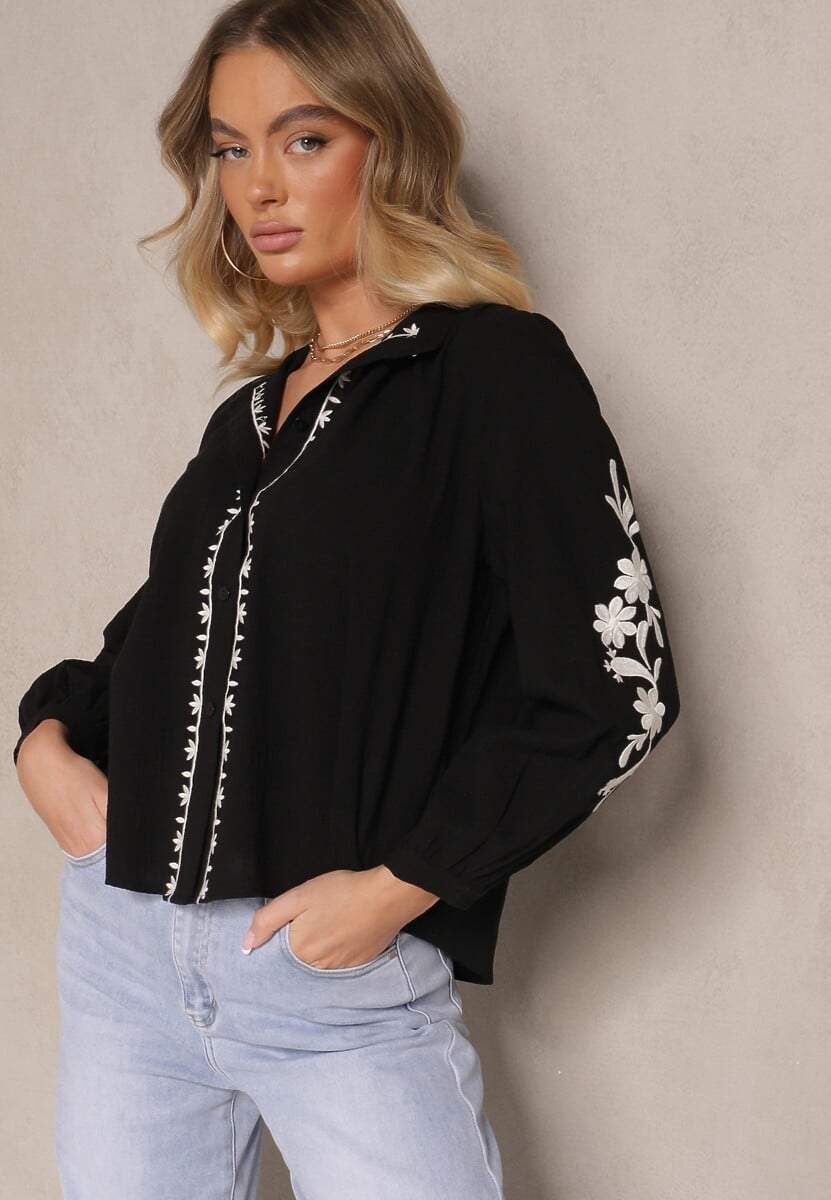 Beżowa Koszula z Bawełny z Okrągłym Dekoltem i Haftowanym Zdobieniem Gonadiel