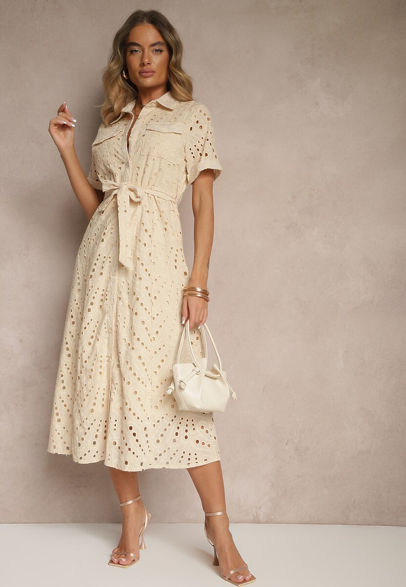 Beżowa Ażurowa Sukienka Koszulowa Ozdobiona Paskiem Rinailia