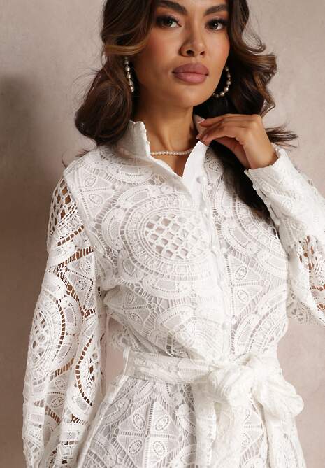 Biała Koszulowa Sukienka z Koronką Lenora