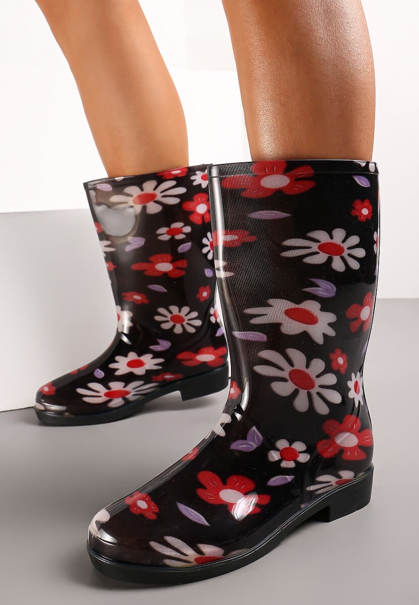 Czarno-Białe Gumowe Kalosze w Kwiaty Paviala