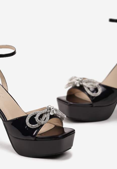 Czarne Sandały na Platformie i Szpilce z Kokardą z Cyrkoniami i Sprzączką Vlenikke