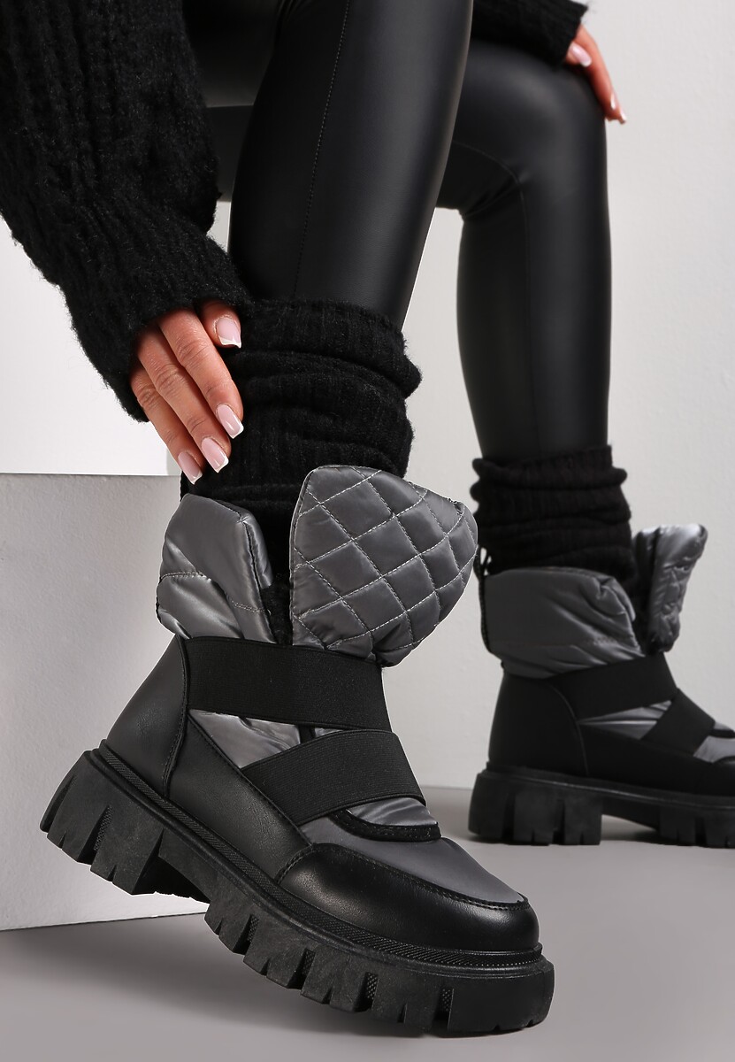 Czarno-Srebrne Śniegowce Wsuwane Pikowane Arjis