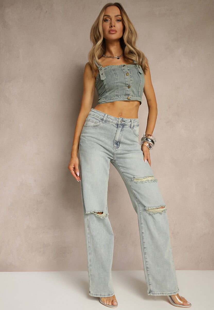 Jasnoniebieskie Jeansy High Waist o Szerokim Kroju z Przetarciami Zeleldi