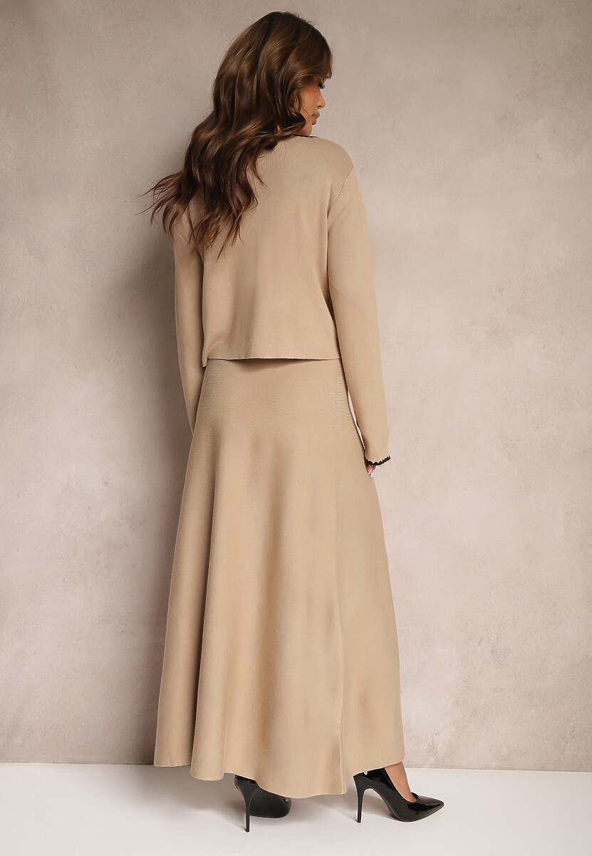 Beżowy Wiskozowy Komplet Rozkloszowana Spódnica z Gumką w Pasie i Rozpinany Kardigan Veriiana