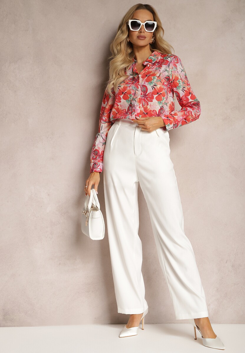 Czerwono-Różowa Klasyczna Koszula na Guziki z Bawełny w Kwiaty Taviea