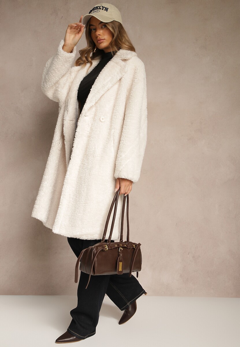 Biały Płaszcz Teddy o Dwurzędowym Kroju Oversize Azzena