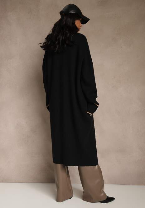 Czarny Niezapinany Kardigan o Długim Kroju z Lamówką Venisse