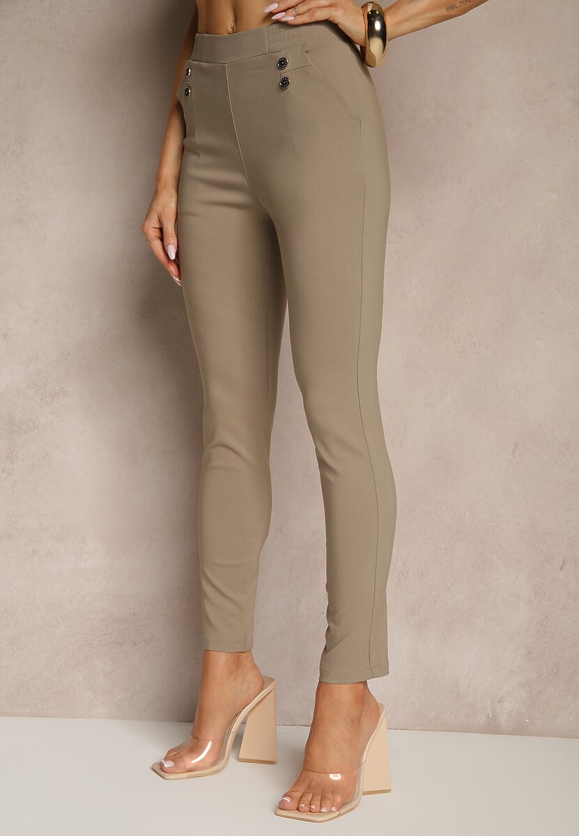 Ciemnobeżowe Spodnie z Wiskozą High Waist z Ozdobnymi Guzikami Redillia