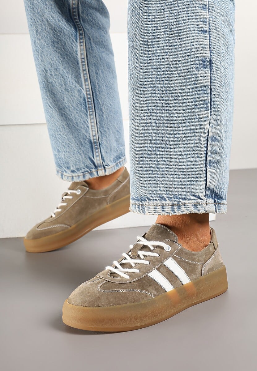 Ciemnobeżowe Sneakersy Klasyczne Tenisówki ze Skóry Naturalnej Alotia