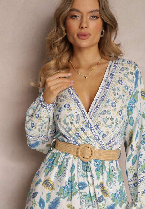 Niebiesko-Biała Sukienka Rozkloszowana z Paskiem Verintius