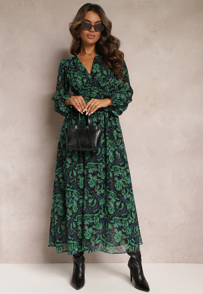 Zielono-Czarna Sukienka Maxi Rozkloszowana z Kopertowym Dekoltem Bramave