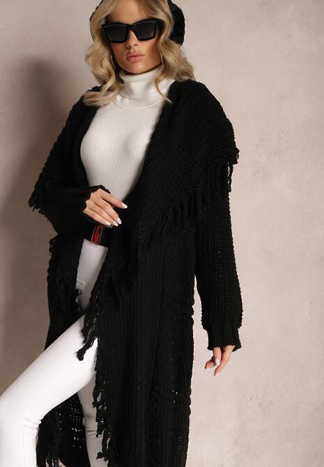 Czarny Niezapinany Kardigan o Długim Kroju z Frędzlami Finantia