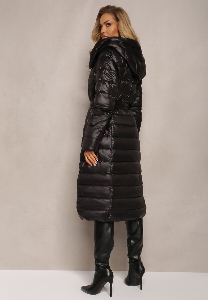 Czarna Długa Kurtka Pikowana Płaszcz z Szerokim Kołnierzem Mizii