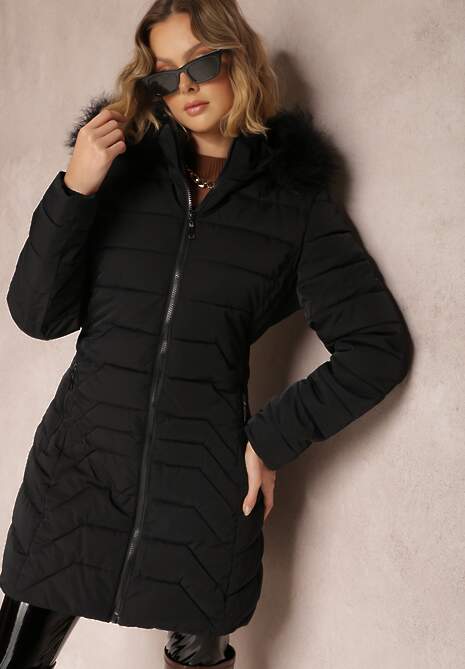Czarna Kurtka Do Kolan z Kapturem i Pikowaniem Blabe
