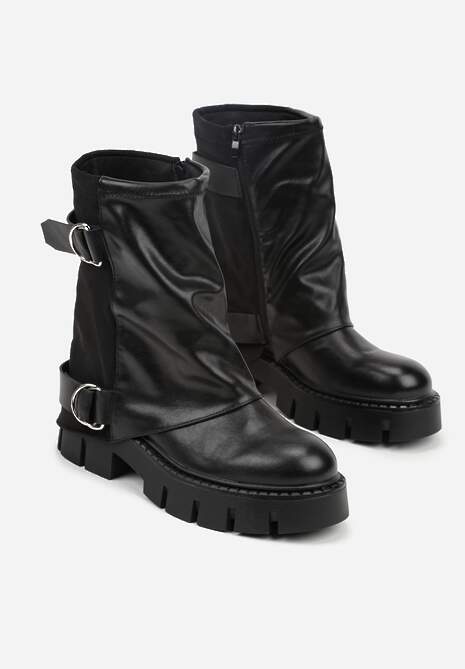 Czarne Botki na Platformie z Wywiniętą Cholewką i Paskami ze Sprzączkami Zevrina