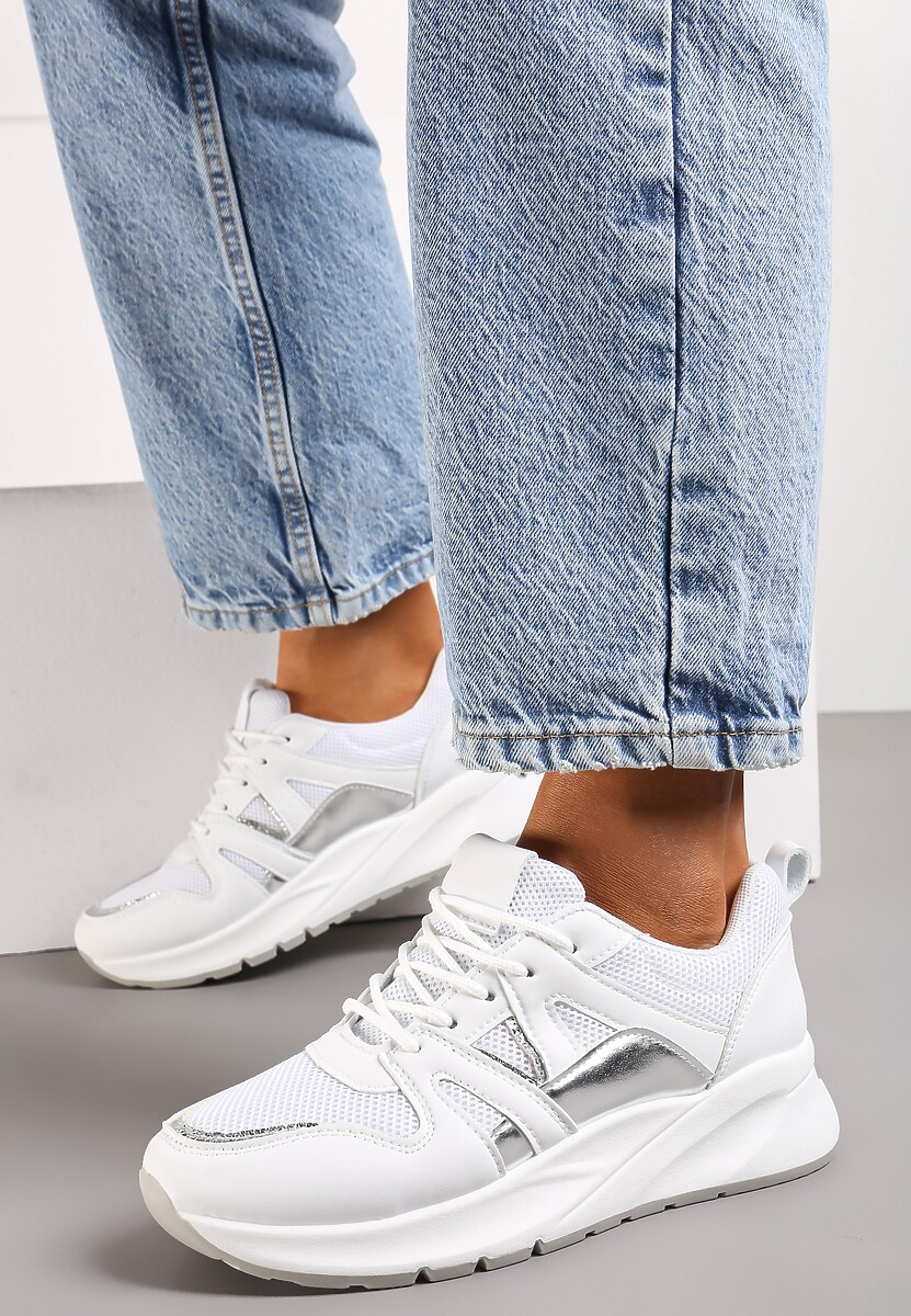 Białe Sneakersy z Siateczkowymi i Metalicznymi Zdobieniami Detama