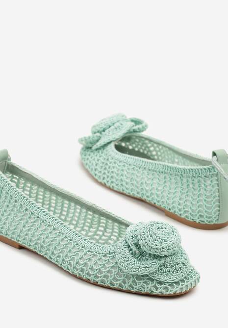 Zielone Balerinki z Ażurową Cholewką Ozdobione Kwiatem 3D Cleiria