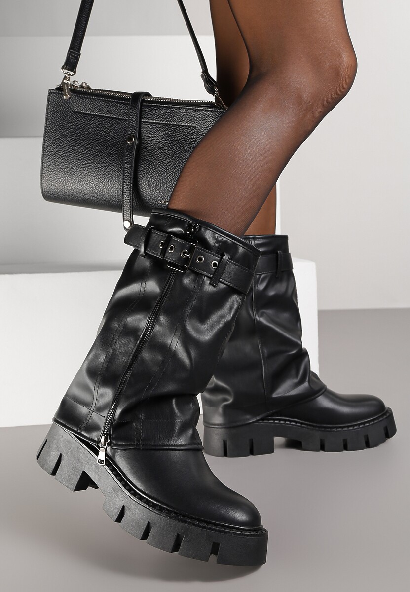 Czarne Botki Biker Boots z Cholewką Imitującą Nogawkę z Klamerką Veresta