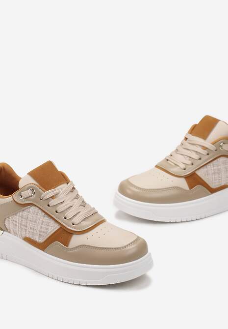 Beżowe Sneakersy Ozdobione Wstawką z Tweedowego Materiału Saini