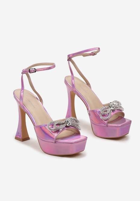 Różowe Sandały na Platformie i Szpilce z Kokardą z Cyrkoniami i Sprzączką Vlenikke