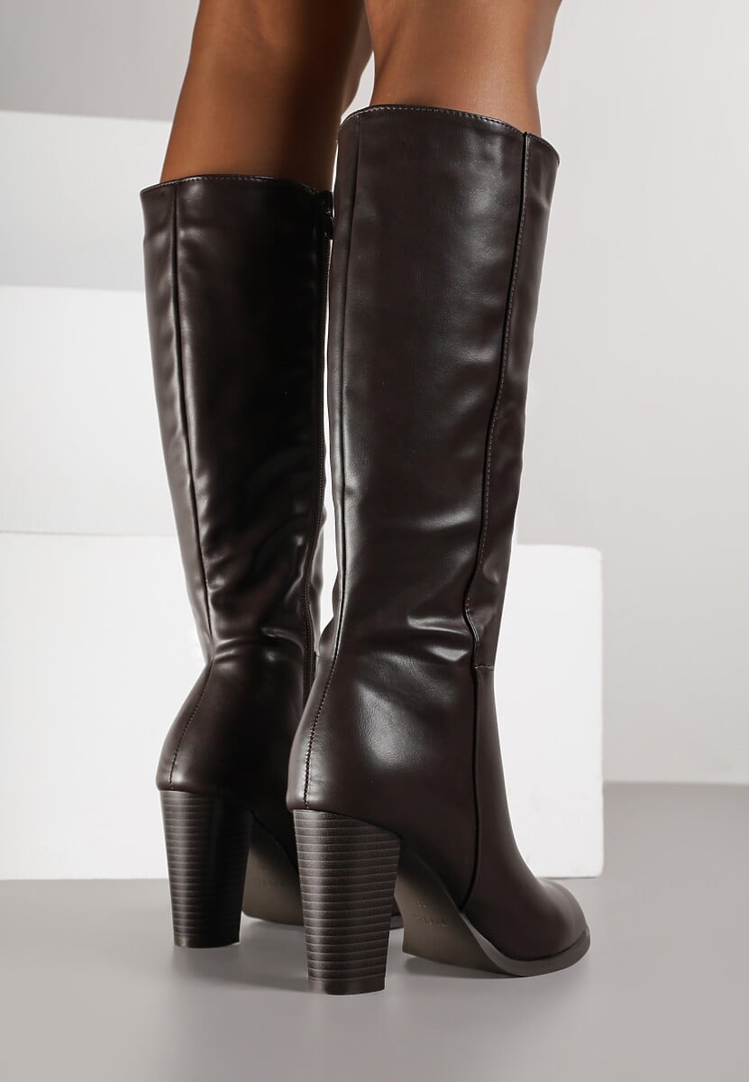 Ciemnobrązowe Eleganckie Kozaki VICES na Słupkowym Obcasie z Cholewką do Kolana Unenela