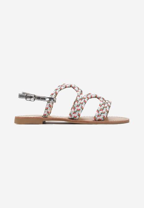 Srebrne Sandały na Płaskiej Podeszwie Ozdobione Paskami z Plecionki Jaslila