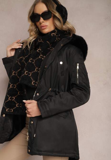 Czarna Kurtka Parka z Kapturem i Ozdobnym Futerkiem Dioneta