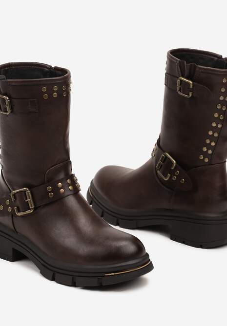 Ciemnobrązowe Motocyklowe Botki Ozdobione Nitami i Klamrami przy Cholewce Ezirra