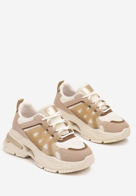 Ciemnobeżowe Sznurowane Sneakersy na Tłoczonej Platformie Nevettine