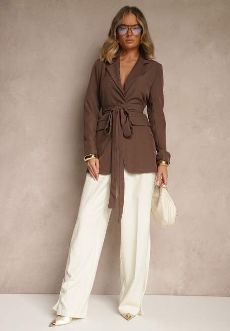 Brązowa Jednorzędowa Marynarka z Wiązanym Paskiem Valerienne