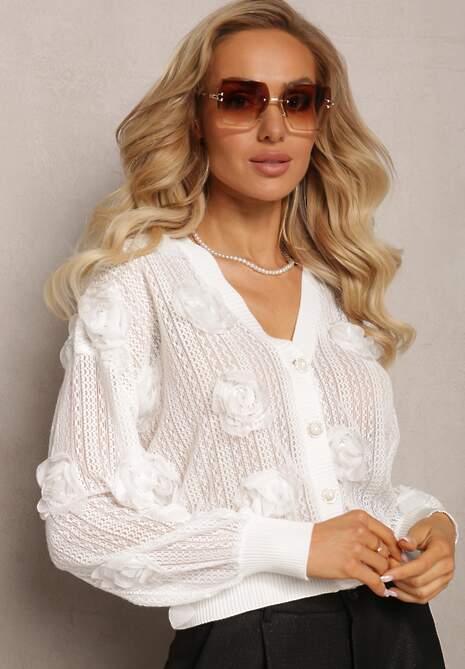 Biały Kardigan z Ażurowym Zdobieniem w Kwiaty Barimona
