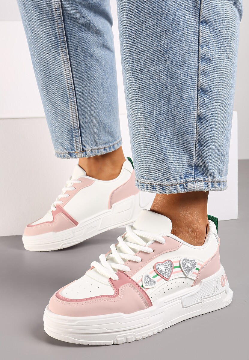 Biało-Różowe Sneakersy z Błyszczącymi Serduszkami Iriene