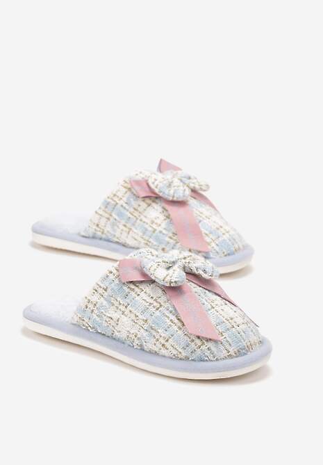 Niebieskie Wsuwane Kapcie w Kratkę z Metalicznej Nici z Kokardką z Przodu Kapati