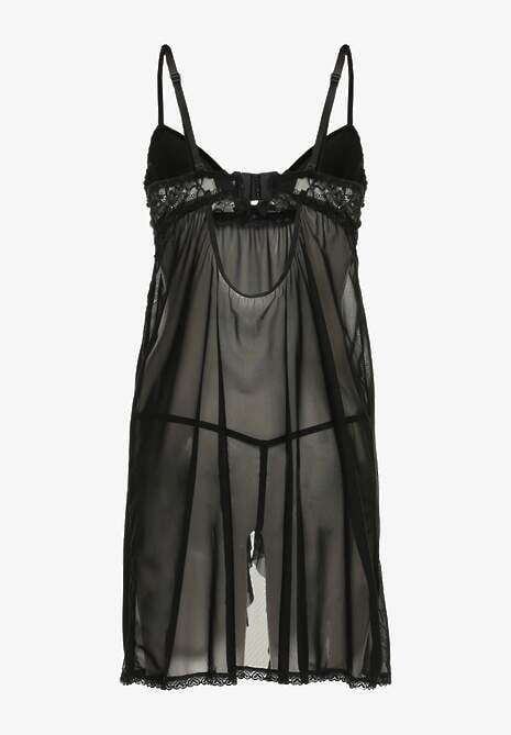 Czarna Prześwitująca Koszula Nocna z Koronką i Stringami Remielia