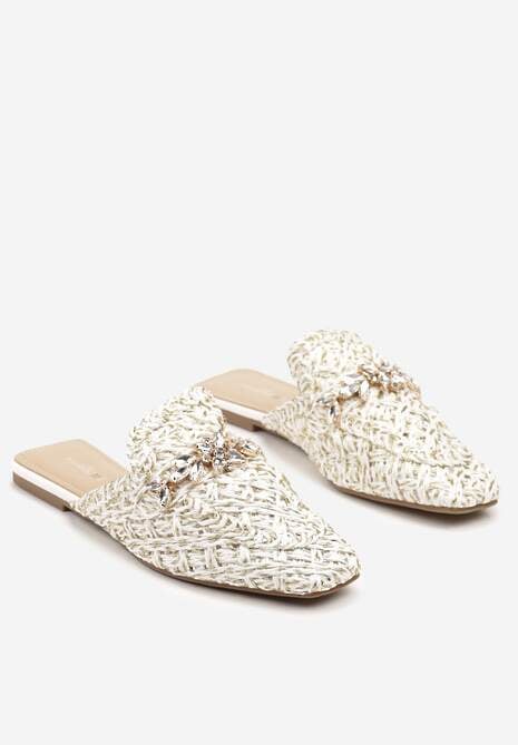 Białe Klapki Mule Ozdobione Cyrkoniami i Metaliczną Nicią Tatosenia