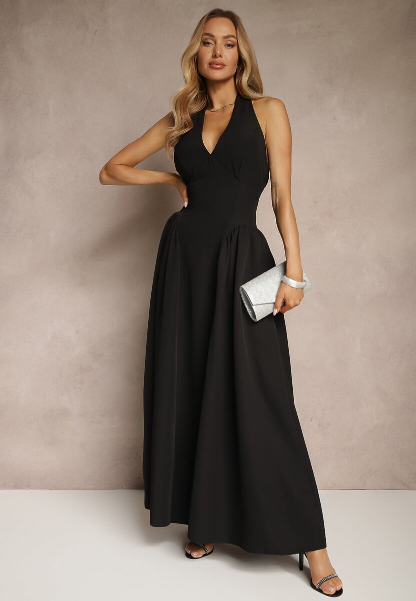 Czarna Rozkloszowana Sukienka Halter z Wiązaniem i Odkrytymi Plecami Senicce