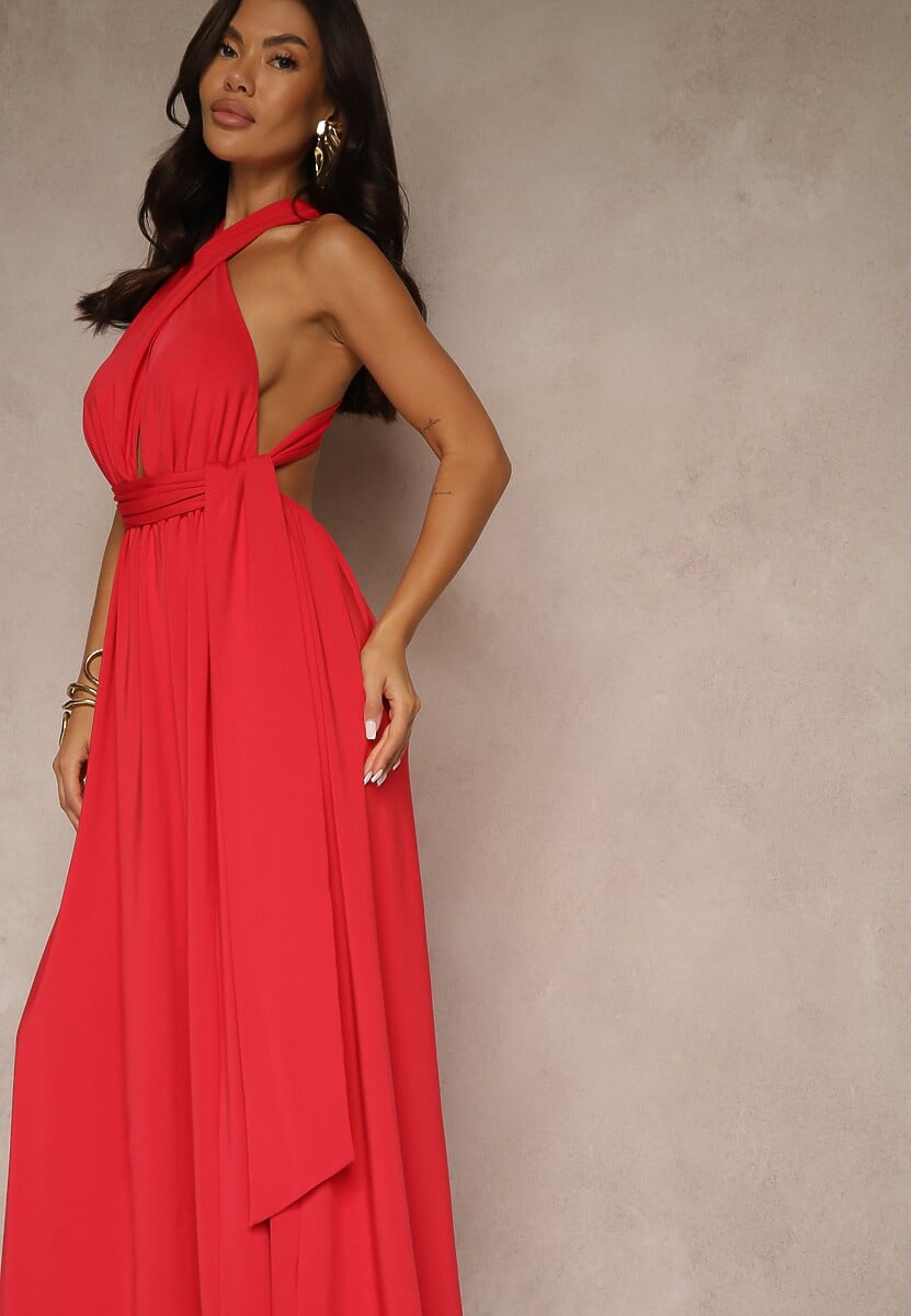 Czerwona Sukienka Koktajlowa Multiway z Wiskozą Wiązana na Szyi Lilovea