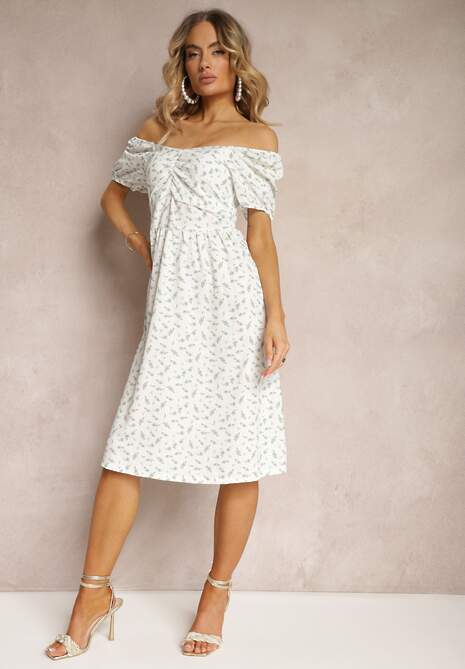 Biało-Miętowa Kwiecista Sukienka z Marszczeniem przy Dekolcie i Gumką w Talii Fripia