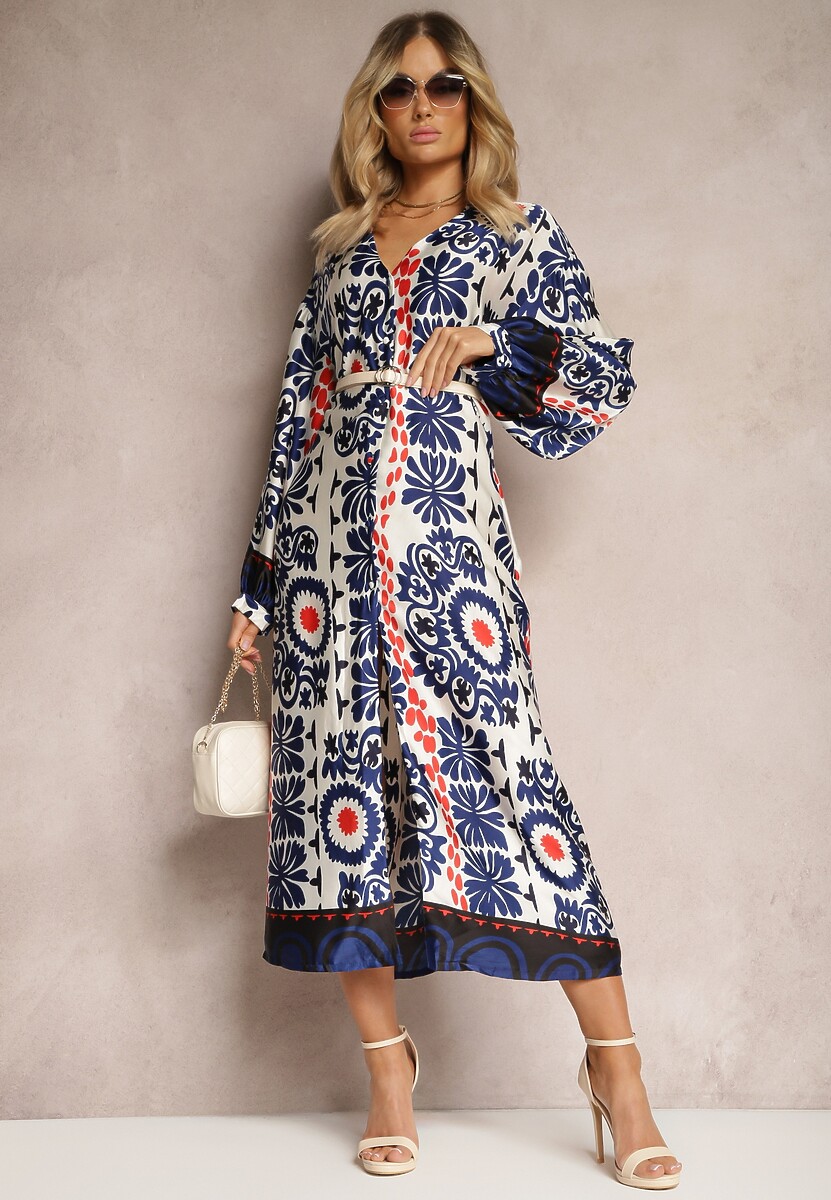 Niebieska Pudełkowa Sukienka z Satynowej Tkaniny w Ornamentalny Wzór Allilena