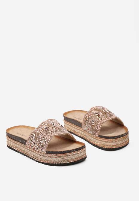 Szampańskie Klapki na Platformie z Metaliczną Plecionką i Cyrkoniami na Szerokim Pasku Rhoswin