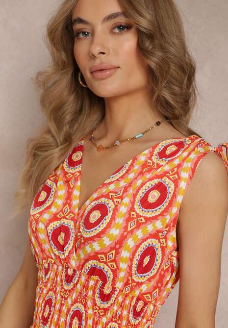 Pomarańczowa Rozkloszowana Sukienka z Wiskozy w Fantazyjny Print Karlene
